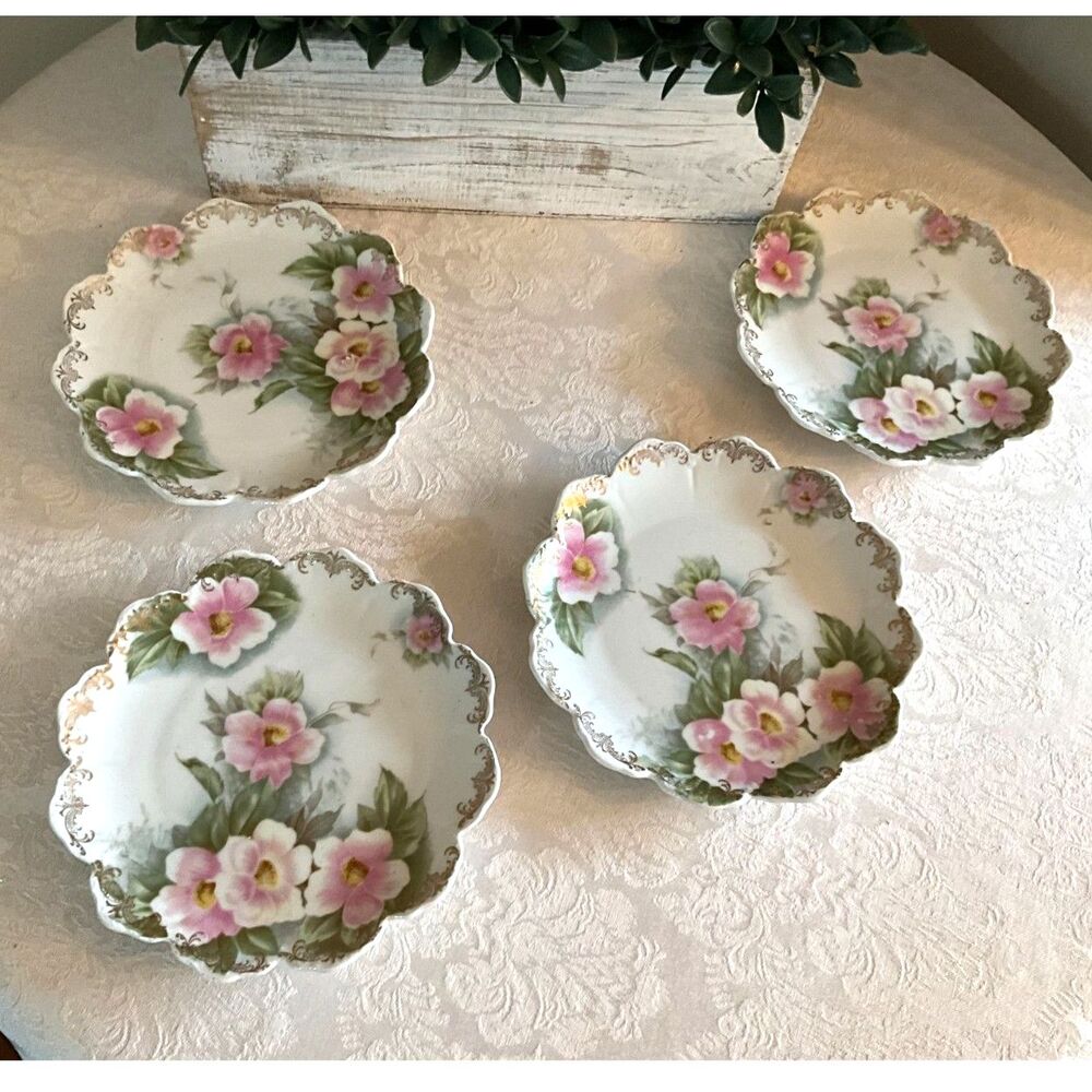 Antique Bavarian Porcelain hand painted pink floral dishes set of 4 gorgeous